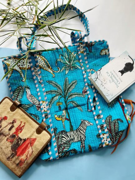 Blue Cheetah Quilted Tote Bag