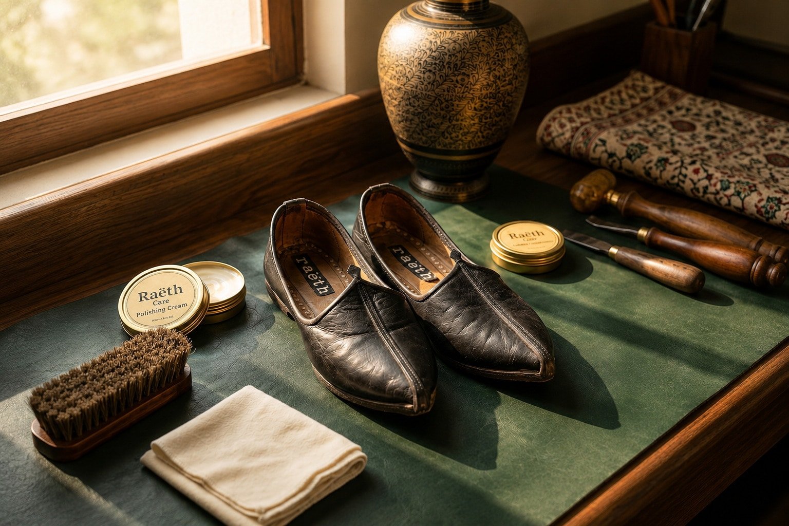 Well-worn leather juttis with care tools